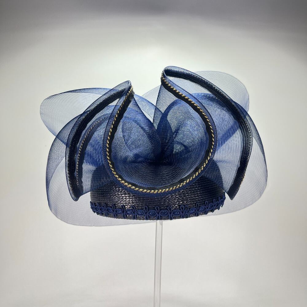 Pillbox Navy Blue Braided Straw Soutache Gimp Trim Fascinator Dress Hat Women's